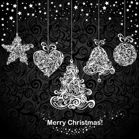 Vintage Christmas card with stylized floral Christmas tree and balls. Vector illustration.のイラスト素材