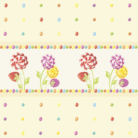 Seamless wallpaper border with sweet lollipop and berries on  polka dot texture pattern with colorful dragee candy. Vector illustrationのイラスト素材
