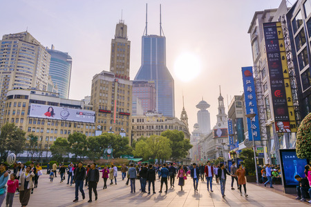 SHANGHAI, CHINA - March 25, 2018: Commercial shopping street Nanjing Road is the main shopping...