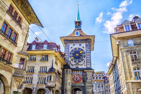 Astronomical clock on the medieval Zytglogge clock tower in Kramgasse street in old city center of...