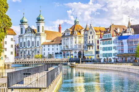 View of Jesuit Church from river Reuss in Lucerne city in Switzerlandの写真素材