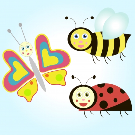 set of cartoon insect: butterfly, ladybird and bee. のイラスト素材