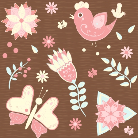 Seamless background with birds, butterflies and flowersのイラスト素材