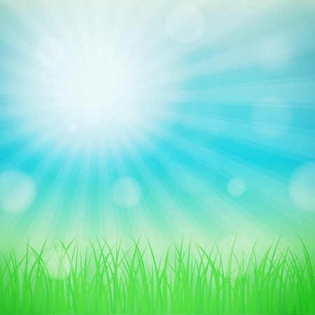 Spring background with blue sky and green grass. Bokeh and light  effect.のイラスト素材