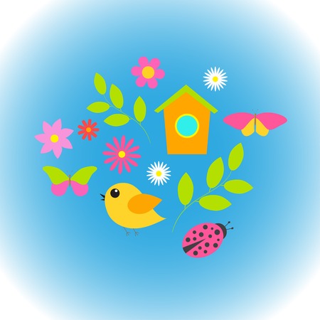 Spring background with  flowers, butterflies, birds.  のイラスト素材