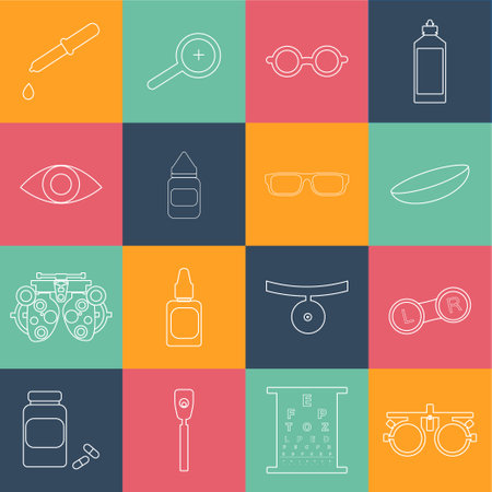 Vector black optometry 16 icon set thin line style. Optician, ophtalmology, vision correction, eye test, eye care, eye diagnostic. Optical setのイラスト素材