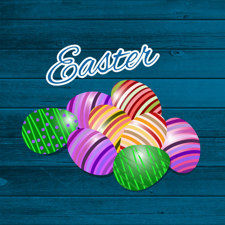 Happy easter Greeting Card. On the dark green wooden background calligraphy. Congratulations on the holiday. A lot of Easter eggs.のイラスト素材