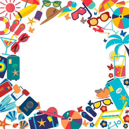 Travel beach flat calligraphy background. Flat design style modern illustration icons set of traveling on airplane, planning a summer vacation, tourism and journey objects and passengerのイラスト素材