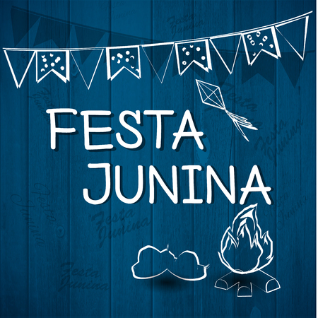 Festa Junina Brazil Topic Festival. Folklore holiday. Festival fire attributes, flags on a color background.のイラスト素材