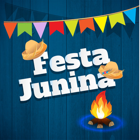 Festa Junina Brazil Topic Festival. Folklore holiday. Festival fire attributes, flags on a color background.のイラスト素材