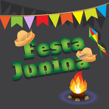 Festa Junina Brazil Topic Festival. Folklore holiday. Festival fire attributes, flags on a color background.のイラスト素材