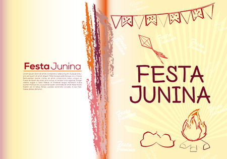 Festa Junina Brazil Topic Festival. Folklore holiday. Festival fire attributes, flags on a color background.のイラスト素材