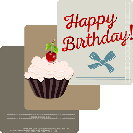 A holiday card with a cupcake and a cherry . vector illustration. A Happy birthday background with cherryのイラスト素材
