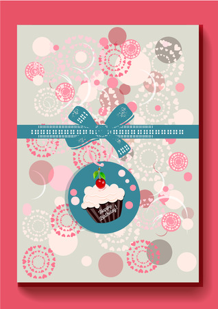 A holiday card with a cupcake and a cherry . vector illustration. A Happy birthday background with cherryのイラスト素材