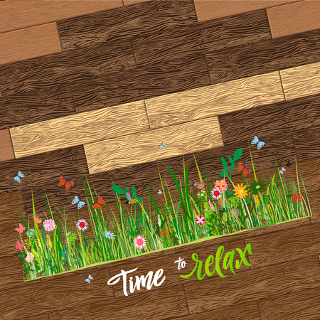 summer medow flowers with insects . vector illustration of flat concept floral with calligraphyのイラスト素材
