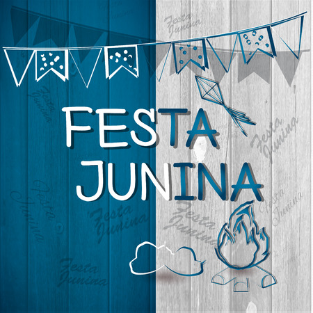 Festa Junina Brazil Topic Festival. Folklore holiday. Festival fire attributes, flags on a color background.のイラスト素材