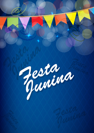 Festa Junina Brazil Topic Festival. Folklore holiday. Festival fire attributes, flags on a color background.のイラスト素材