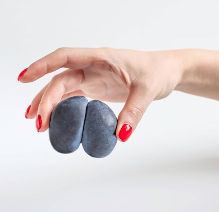 Trendy ugly food concept. Purple ugly plum in a woman's hand on a white background. Fruit with a strange shape. The problem of food waste.の写真素材