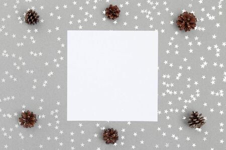 Christmas mockup with silver stars and fir cones on a gray background. Happy New Year. Winter...