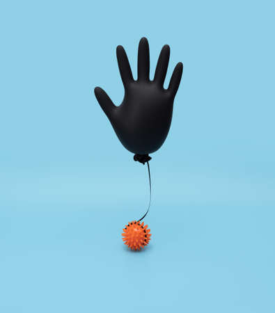 Black inflated surgical glove on a blue background with a model of the virus. Prevention of...