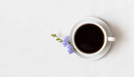 Healthy chicory drink and blue flower on white background. Herbal coffee substitute. Copy space, top view, flat lay.の写真素材