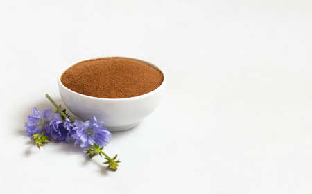 Chicory root powder and blue chicory flower on a white background. Natural coffee substitute. Cichorium intybus. Copy space. Side view.の写真素材