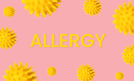 Allergy text. Frame with yellow air pollen grains on a pink background. Allergy, hay fever concept. Flower pollen. Allergic rhinitisの写真素材