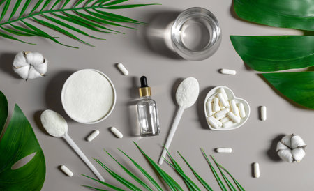 Set of collagen on a gray background with leaves. Collagen powder, capsules and liquid collagen. Natural supplement for skin beauty and bone health. Top view, flat lay.の写真素材