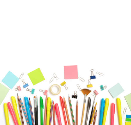 School office supplies isolated on a white background. Stationery border. Back to school concept....
