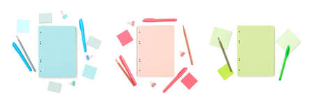 Set of blank color sheets. Template or mockup for simple text. Blue, pink and green school stationery isolated on a white background. Back to school. Copy space, top view, flat lay.の写真素材