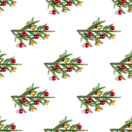 Seamless pattern with Christmas fir branches on white background.
