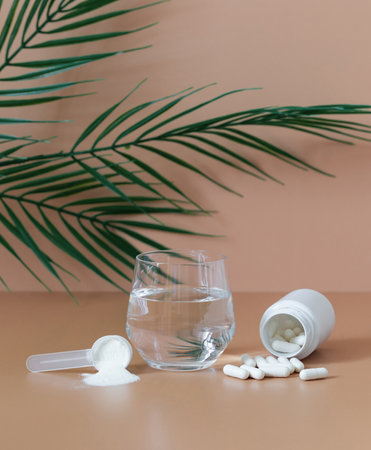Collagen on a beige background with green leaves. Collagen protein powder and pills close up. natural supplement for health and beauty. Fish or plant based. vertical orientation.の写真素材