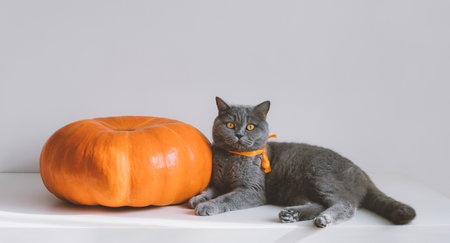 British cat and a big pumpkin on a white table. Autumn or Thanksgiving day concept. Funny cat with orange bow. Space for text.の写真素材