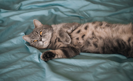 Fluffy Scottish straight cat resting on a blue bed. Cute pet portrait. The cat is lying on its back.の写真素材