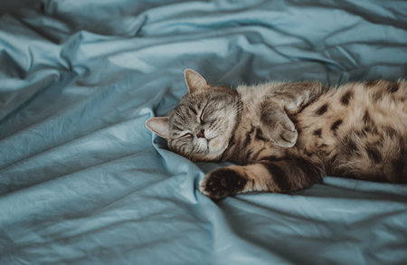 Fat fluffy cat sleeping on the bed. Scottish straight cat on a blue background. Cozy home concept.の写真素材