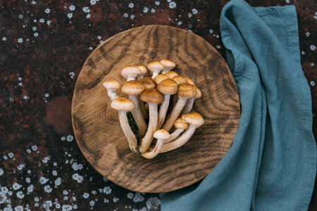 Beautiful delicious mushrooms in a wooden plate with a blue napkin. Armillaria mellea, honey fungus or honey agarics. Beautiful mushroom background. Top view, flat lay.の写真素材