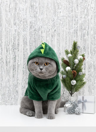 Cute cat in hoodie with silver Christmas decorations. British cat in a green dragon costume. The symbol of the year 2024. Copy space.の写真素材