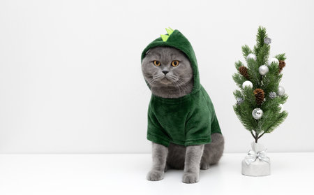 Cat in green dragon costume with Christmas tree on a white background with copy space. British cat in a hoodie. Symbol of the year 2024.の写真素材