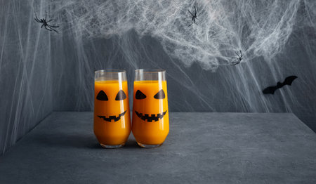 Halloween drink on a blue background. Pumpkin or carrot juice in glasses with jack o lantern face. Copy space. Banner.の写真素材