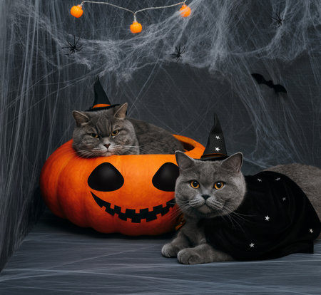 Halloween poster with cats in costumes. Two cats in witch hats on a dark background with jack pumpkin head. Funny cat in Halloween costume.の写真素材