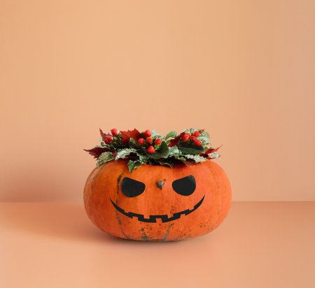 Halloween pumpkin with flowers on a beige background. Flower bouquet in Jack Lantern pumpkin. Copy space.の写真素材