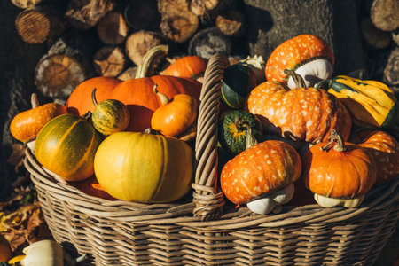 Pumpkin harvest in a basket close up. Different varieties of pumpkin in a wicker basket. Organic farm vegetables. Thanksgiving day concept.の写真素材