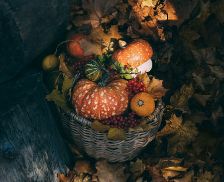 Decorative pumpkins in a basket close up. Beautiful autumn composition with pumpkins, red berries and leaves.の写真素材