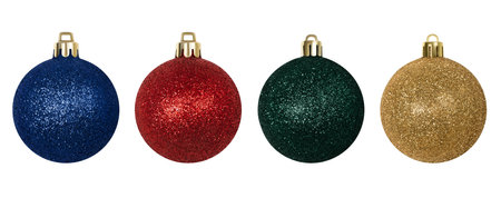 Christmas set of shiny bauble isolated on a white background. Blue, red, green and golden festive decorations. Banner.の写真素材