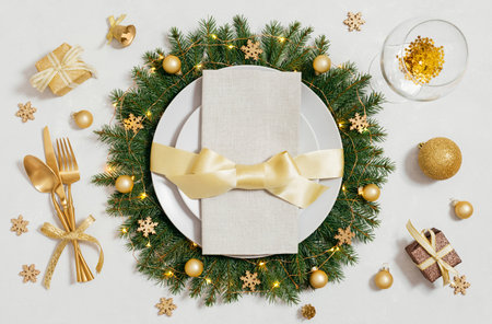 Golden Christmas table setting with gold accessories and decor. New Year table setting on a white background. Directly above. Flat lay.の写真素材