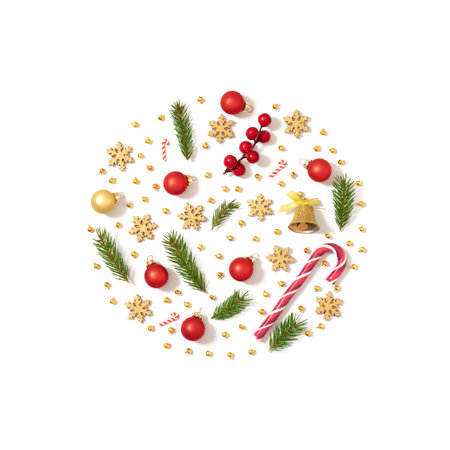 Christmas decor in a round shape isolated on a white background. New Year decorations in the shape of a circle. Top view, flat lay.の写真素材