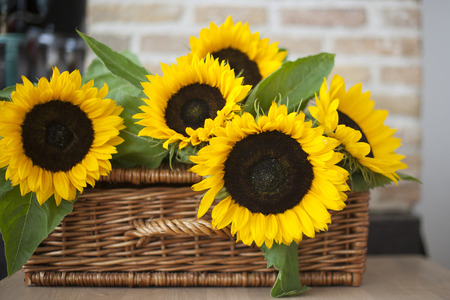 bouquet of sunflowers on a wicker basketの写真素材