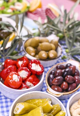 Traditional appetizers, green and red olives from Greek cuisine. Fresh branches of olives. Copy space. Blue checkered tableclothの写真素材