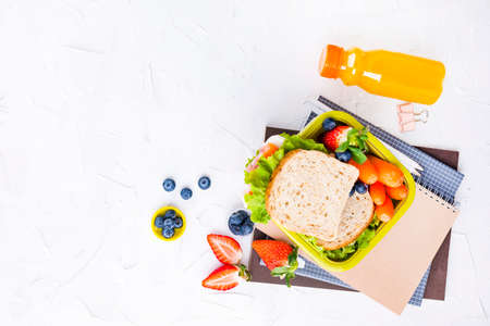 Box with school lunch and a bottle of juice. Sandwich with cheese and salad, fresh berries for baby...