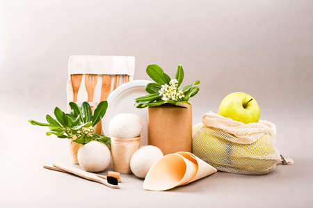 Eco craft paper tableware. A box of paper for food, packaging, Toothbrush, plate, forks, knives, eco bag with fruits on a gray background. world is free of plastic. Recycling concept eco-friendly .の写真素材